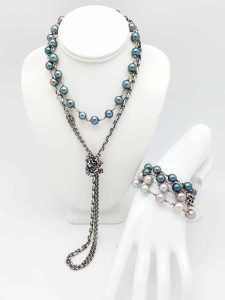 Kary Kjesbo Designs Necklace Brace. Pearls FW peacock and grey
