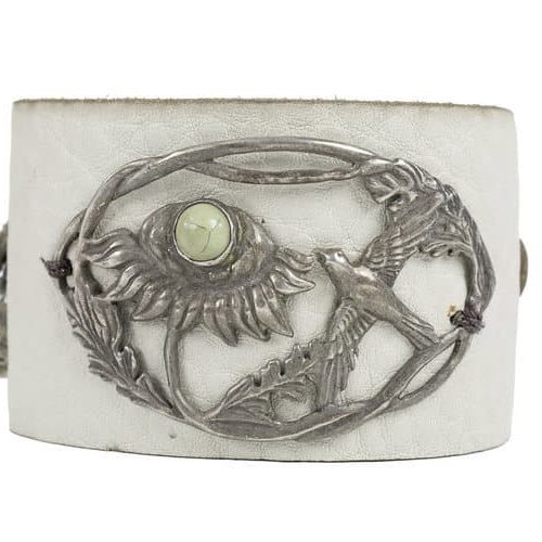 Victorian bird in flower on cream leather cuff