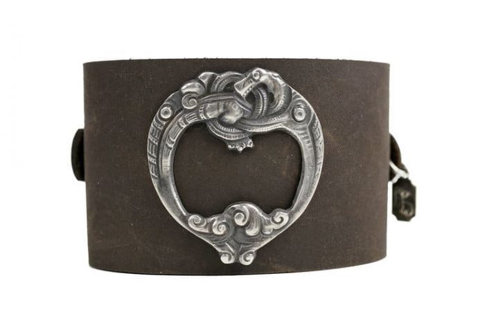 Viking Sea Dragon on brown leather cuff