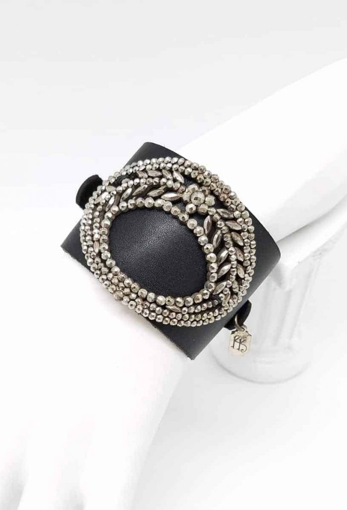 Kary Kjesbo Designs Cuff Bracelet - 1920s shoe clip on hand-sewn black leather cuff