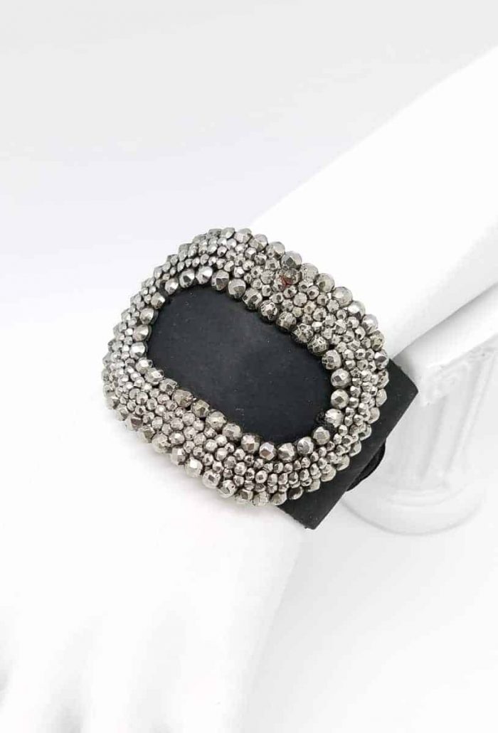 Kary Kjesbo Designs Cuff Bracelet - 1920s shoe clip on hand-sewn black leather cuff