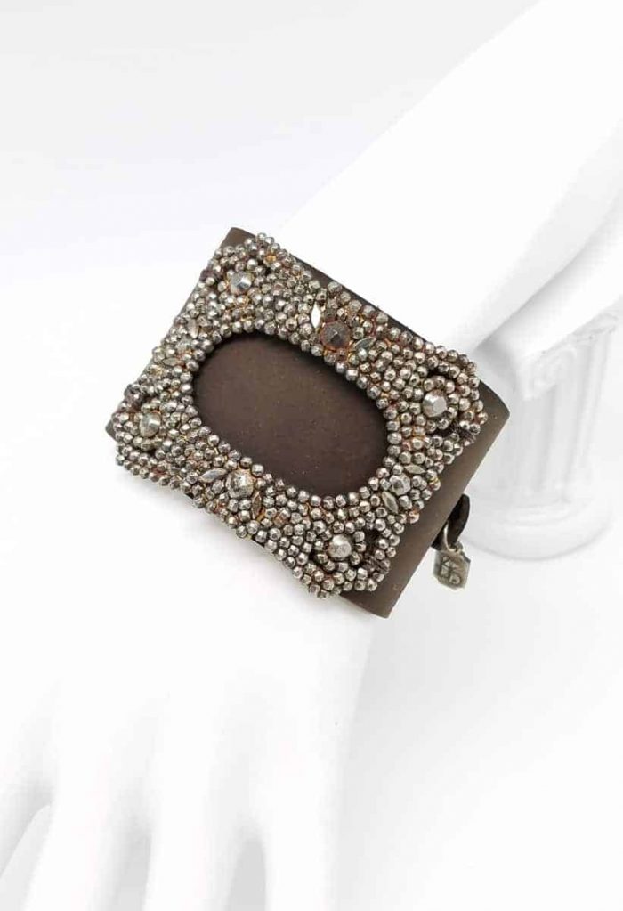 Kary Kjesbo Designs Cuff Bracelet - 1920s shoe clip on hand-sewn brown leather cuff