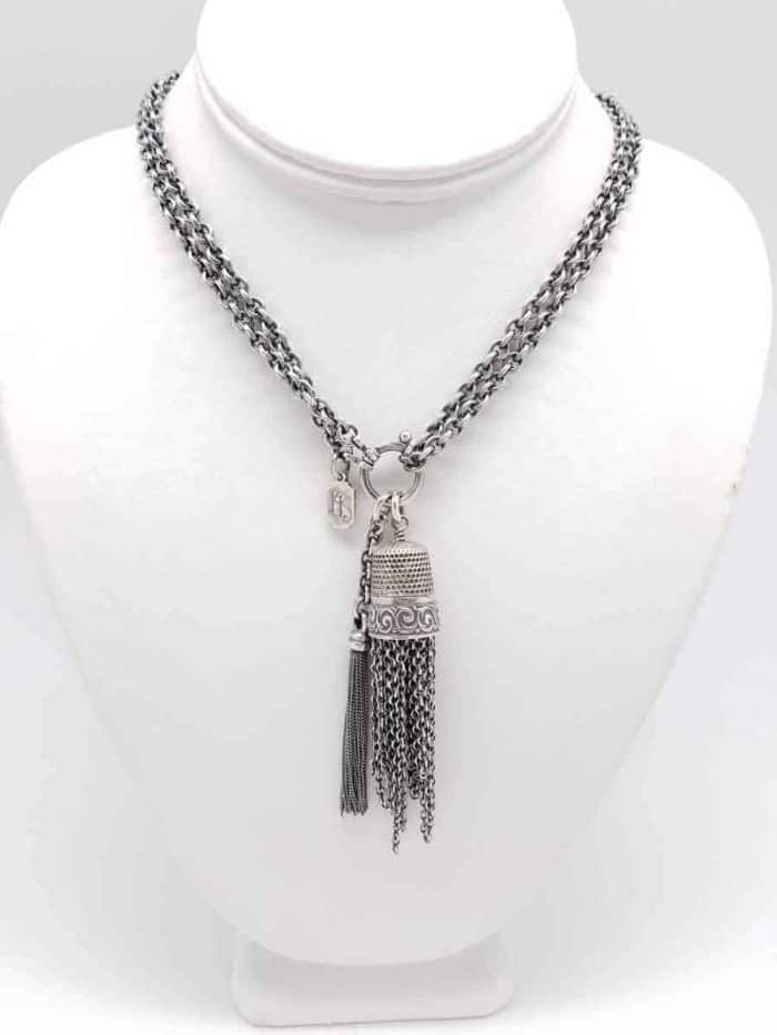 Kary Kjesbo Designs Light Essential tassel necklace and antique thimble with tassel