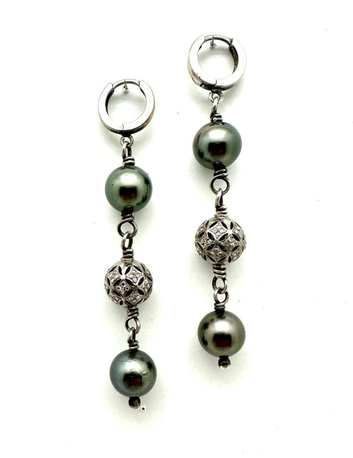 South Sea and  Victorian Style Diamond Bead Dangle Earrings